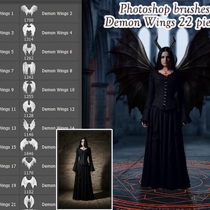 May include: A set of 22 Photoshop brushes featuring demon wings in various styles. The brushes are displayed on a dark background with a woman wearing a black dress and demon wings in the background.