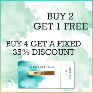 Puede incluir: Gr&aacute;fico promocional con un fondo de acuarela en tonos turquesa y verde. El texto dice "COMPRA 2 Y LL&Eacute;VATE 1 GRATIS" y "COMPRA 4 Y OBT&Eacute;N UN 35% DE DESCUENTO FIJO". Un cup&oacute;n muestra "C&Oacute;DIGO DE CUP&Oacute;N: BUY4OUR" y "35% DE DESCUENTO".