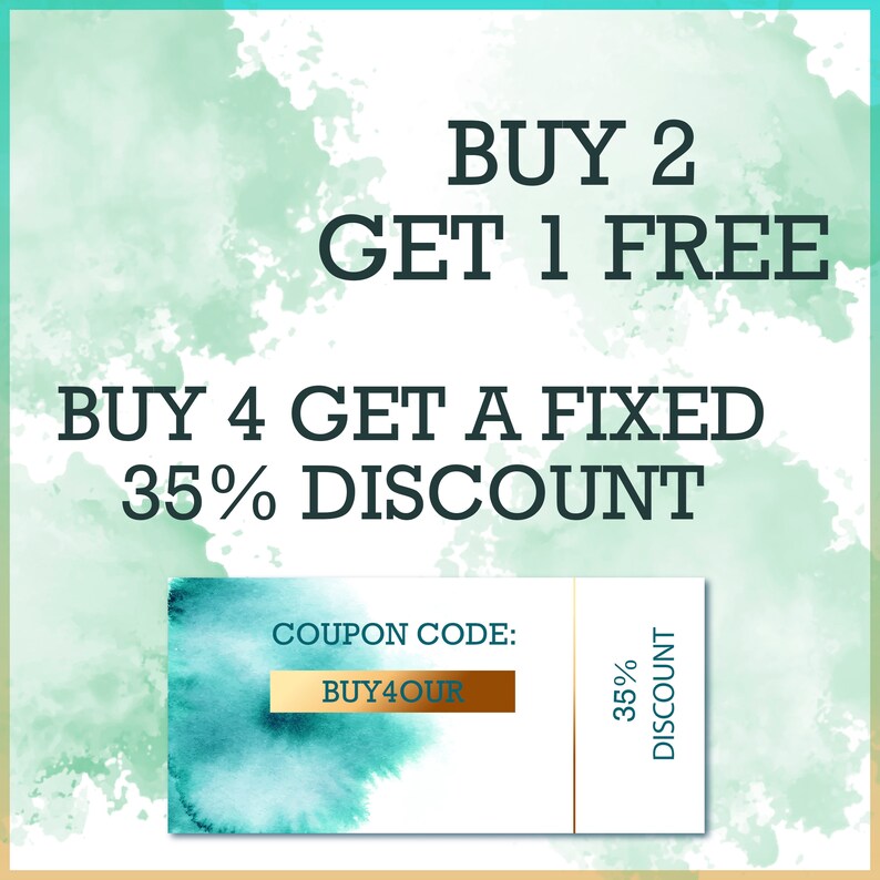 Puede incluir: Gr&aacute;fico promocional con un fondo de acuarela en tonos turquesa y verde. El texto dice "COMPRA 2 Y LL&Eacute;VATE 1 GRATIS" y "COMPRA 4 Y OBT&Eacute;N UN 35% DE DESCUENTO FIJO". Un cup&oacute;n muestra "C&Oacute;DIGO DE CUP&Oacute;N: BUY4OUR" y "35% DE DESCUENTO".