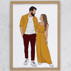 Puede incluir: Una ilustración digital de una pareja de pie juntos. El hombre lleva una chaqueta amarilla, una camisa blanca, pantalones marrones y zapatillas blancas. La mujer lleva un vestido amarillo y zapatos blancos. Se miran el uno al otro.