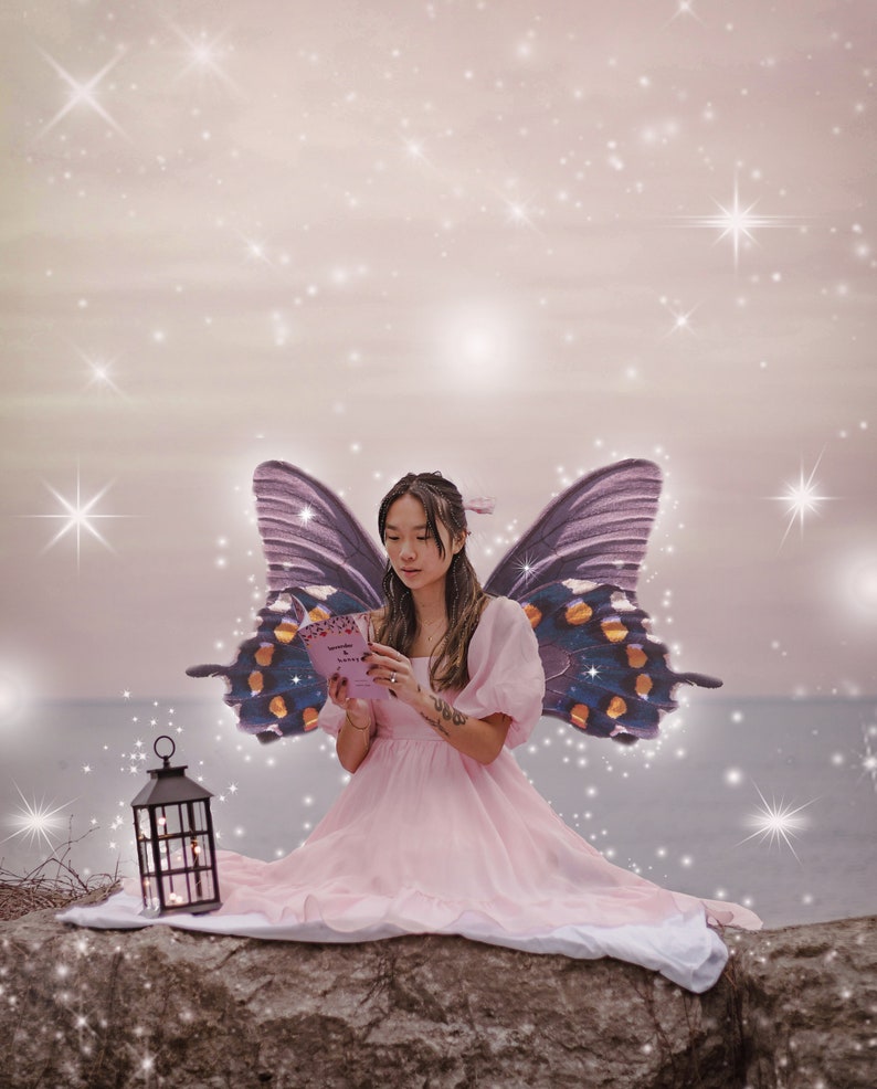 Puede incluir: Una persona con un vestido rosa y alas de mariposa, leyendo un libro. Una linterna negra est&aacute; cerca. El fondo presenta un cielo brillante y una masa de agua.