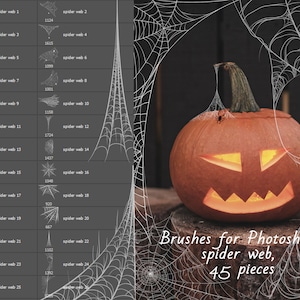 Könnte beinhalten: Ein Satz von 45 Photoshop-Pinseln mit verschiedenen Spinnennetz-Designs. Die Pinsel werden auf einem grauen Hintergrund mit einem Kürbisgesicht im Hintergrund angezeigt. Der Text "Brushes for Photoshop spider web, 45 pieces" wird am unteren Rand des Bildes angezeigt.