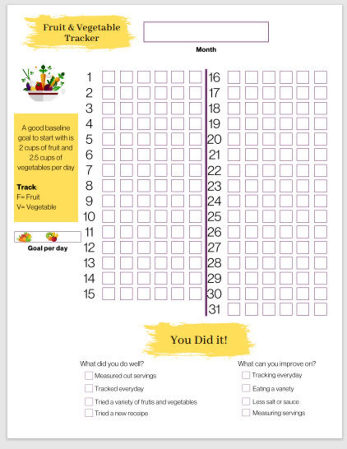Fruit and Vegetable Tracker Lose weight Health Exercise Etsy
