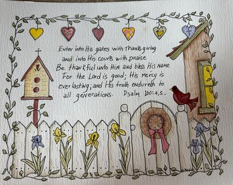 Watercolor cottage with Psalm NOT Framed