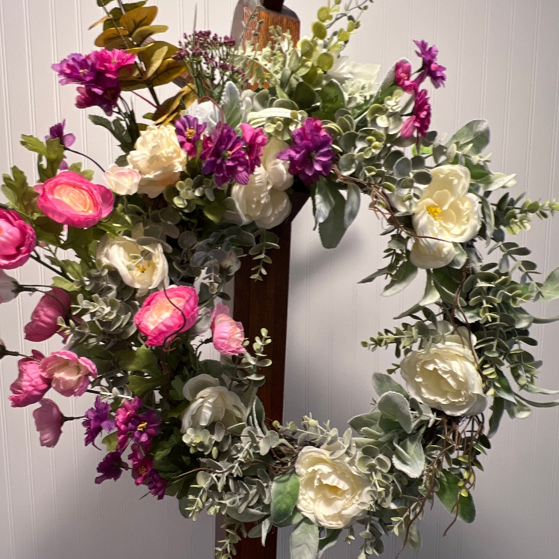Farmhouse White Lamb's Ear Wreath With Purple and Pink Rununculus ...
