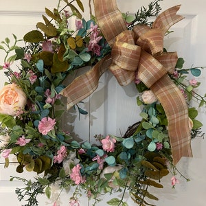 Cherry Blossom, Peonies and Eucalyptus on Grapevine Wreath