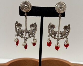 Handcrafted Oxidized Silver Bird Earrings, Pearl and Bead Drops, Indian Boho Jewelry