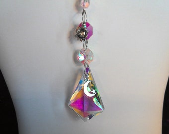 Crystal Suncatcher, Iridescent Priszm, Crystal for Window, Handmade Suncatcher with Sun, Moon, Star  Metal Charms