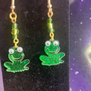 Frog Earrings, Cute Froggy Earrings, Glitter Frog Earrings, Handmade Dangly Frog Earrings
