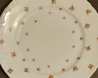 Plato antiguo para pastel con asa, de la época victoriana de Austria, decorado con rosas ditsy rosas, circa 1904-1918.