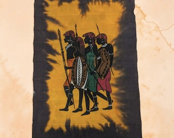 Cuadro mural africano batik hecho a mano - Guerreros masái tradicionales - Tela sin marco
