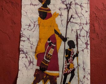 Vintage African Batik Wall Art - Mother and Child Maasai Tribal Scene