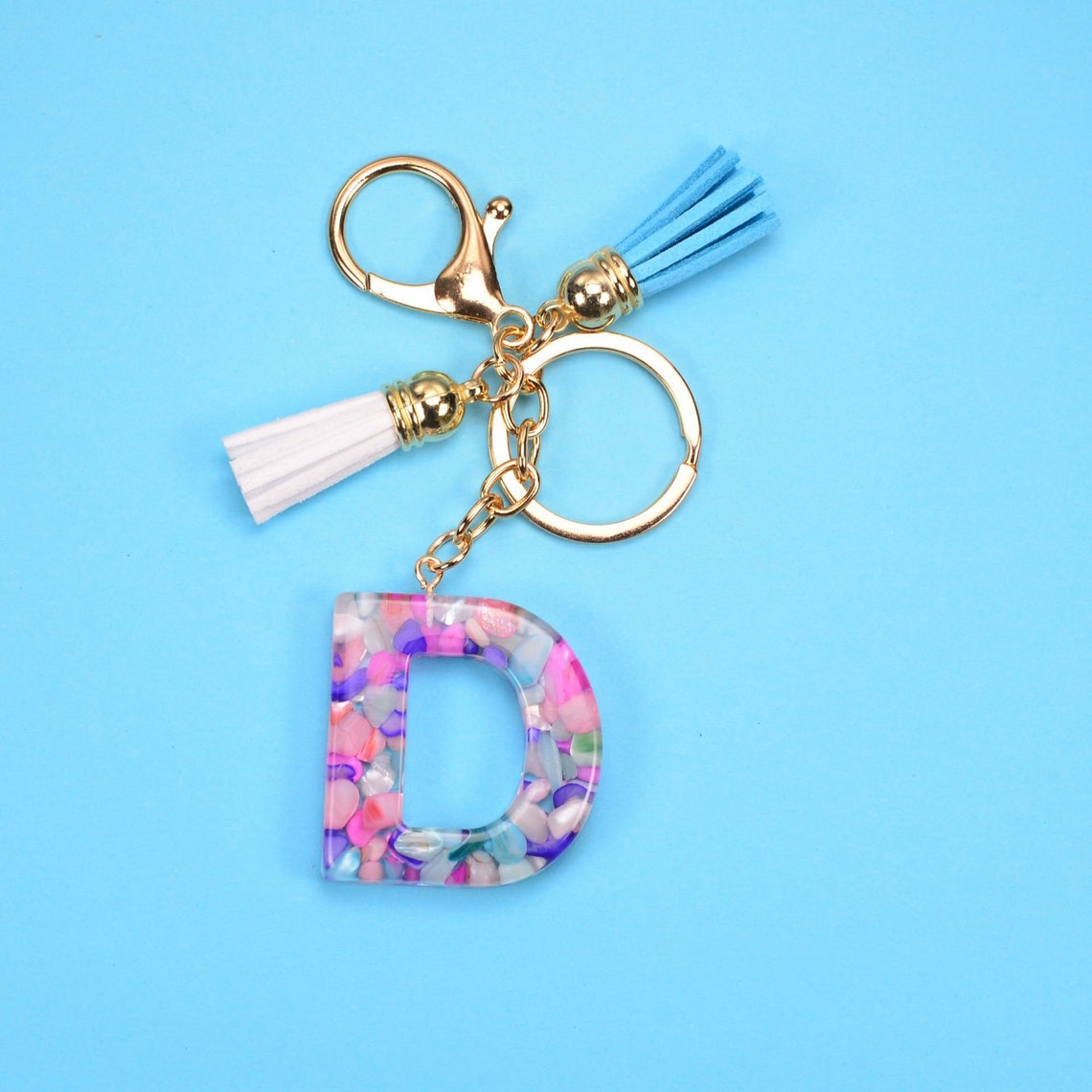 Resin Keychain Letters Crushed Stone Tassel Keychain Etsy