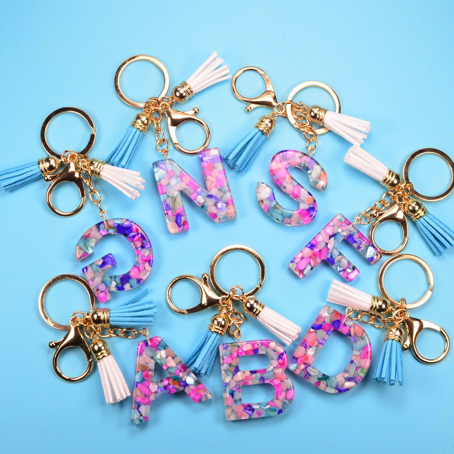 Resin Keychain Letters Crushed Stone Tassel Keychain Etsy