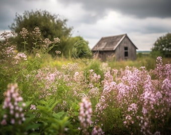 Cottage Meadow Cabin Hut, wilde bloemen, lente achtergrond, zomer digitale achtergrond, digitale achtergrond, Photoshop