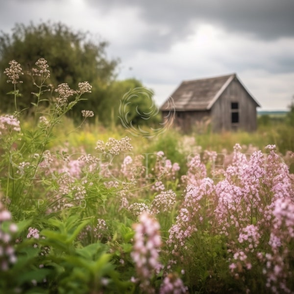 Cottage Meadow Cabin Hut, Wild Flowers, Spring backdrop, Summer Digital Backdrop, Digital Background, Photoshop