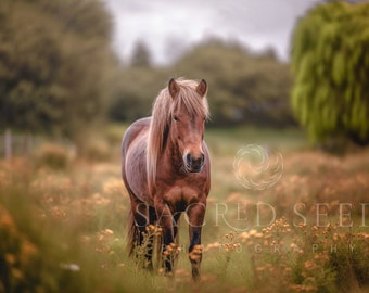 Brown horse, pony in a flower field, meadow, Spring Dreamy backdrop, Summer Digital Backdrop, Digital Background, Photoshop