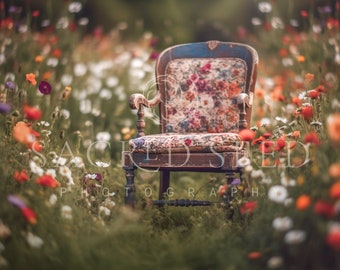 An Old Wooden Chair in a Flower Field, Spring backdrop, Summer Digital Backdrop, Digital Background, Photoshop