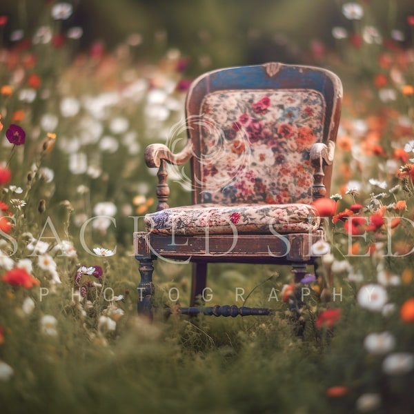 An Old Wooden Chair in a Flower Field, Spring backdrop, Summer Digital Backdrop, Digital Background, Photoshop