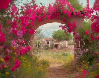 Pink Bougainvillea Archway, Pathway, Village, Flowers, Spring backdrop, Summer Digital Backdrop, Digital Background, Photoshop