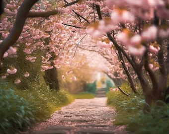 Pink Blossoms Pathway, Pfad Frühling Hintergrund, Sommer Digitaler Hintergrund, Digitaler Hintergrund, Photoshop