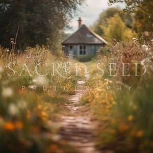 Cottage Meadow Pathway, Hut, Flowers, Spring backdrop, Summer Digital Backdrop, Digital Background, Photoshop