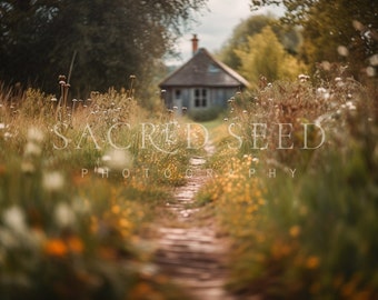 Cottage Meadow Pathway, Hut, Flowers, Spring backdrop, Summer Digital Backdrop, Digital Background, Photoshop