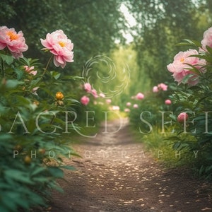Peony Pink Flower Pathway, Path Spring backdrop, Summer Digital Backdrop, Digital Background, Photoshop