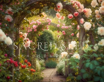 Rose Arch Garden Pathway, Flowers, Spring backdrop, Summer Digital Backdrop, Digital Background, Photoshop