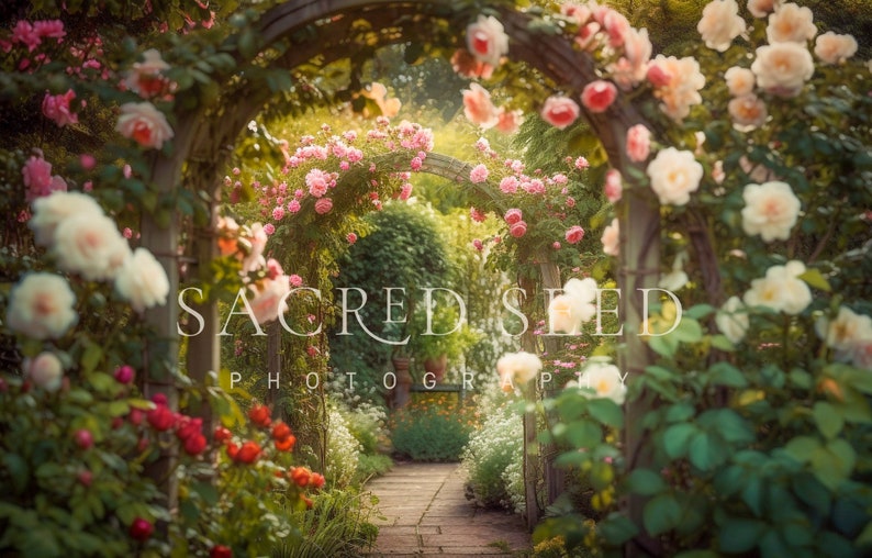 Rose Arch Garden Pathway, Flowers, Spring backdrop, Summer Digital Backdrop, Digital Background, Photoshop image 1