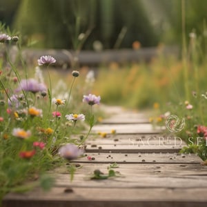 Wildflower, Wooden Pathway, Deck, Flowers, Spring backdrop, Summer Digital Backdrop, Digital Background, Photoshop