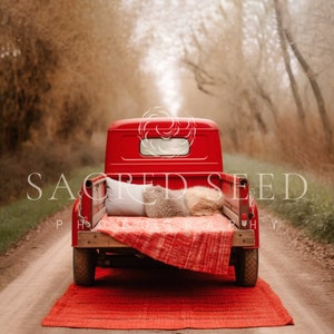 Vintage Red Truck, Pathway, Forest, Dreamy backdrop, Summer Digital Backdrop, Digital Background, Photoshop