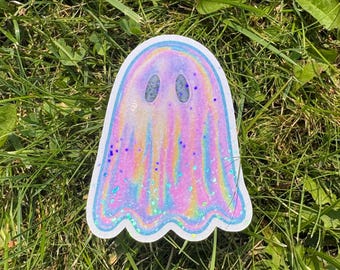 Holographic Glitter Sparkle Ghost Sticker, Pastel Iridescent, Waterproof Halloween Water Bottle