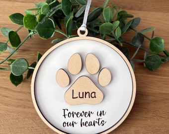 Pet Memorial Ornament, Forever in our hearts, Paw Print, Custom Name, Personalized Sympathy Gift