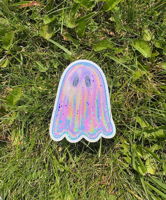 Holographic Glitter Sparkle Ghost Sticker, Pastel Iridescent, Waterproof Halloween Water Bottle