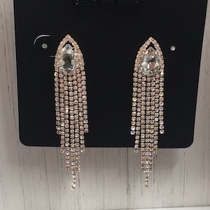 Rhinestone Earrings, Long Pageant Clear and gold Pageant Earrings, Long Dangle Prom Earrings, Long formal Rhinestone Earrings