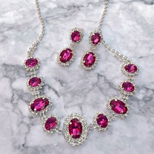 Pink Rhinestone Necklace and Earring Set, Rose pink prom necklace and earring set, Pink pageant necklace and earring set