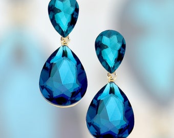 Blue Rhinestone earrings, blue zircon pageant earrings, Large blue Teardrop prom earrings, blue zircon and gold formal evening earrings