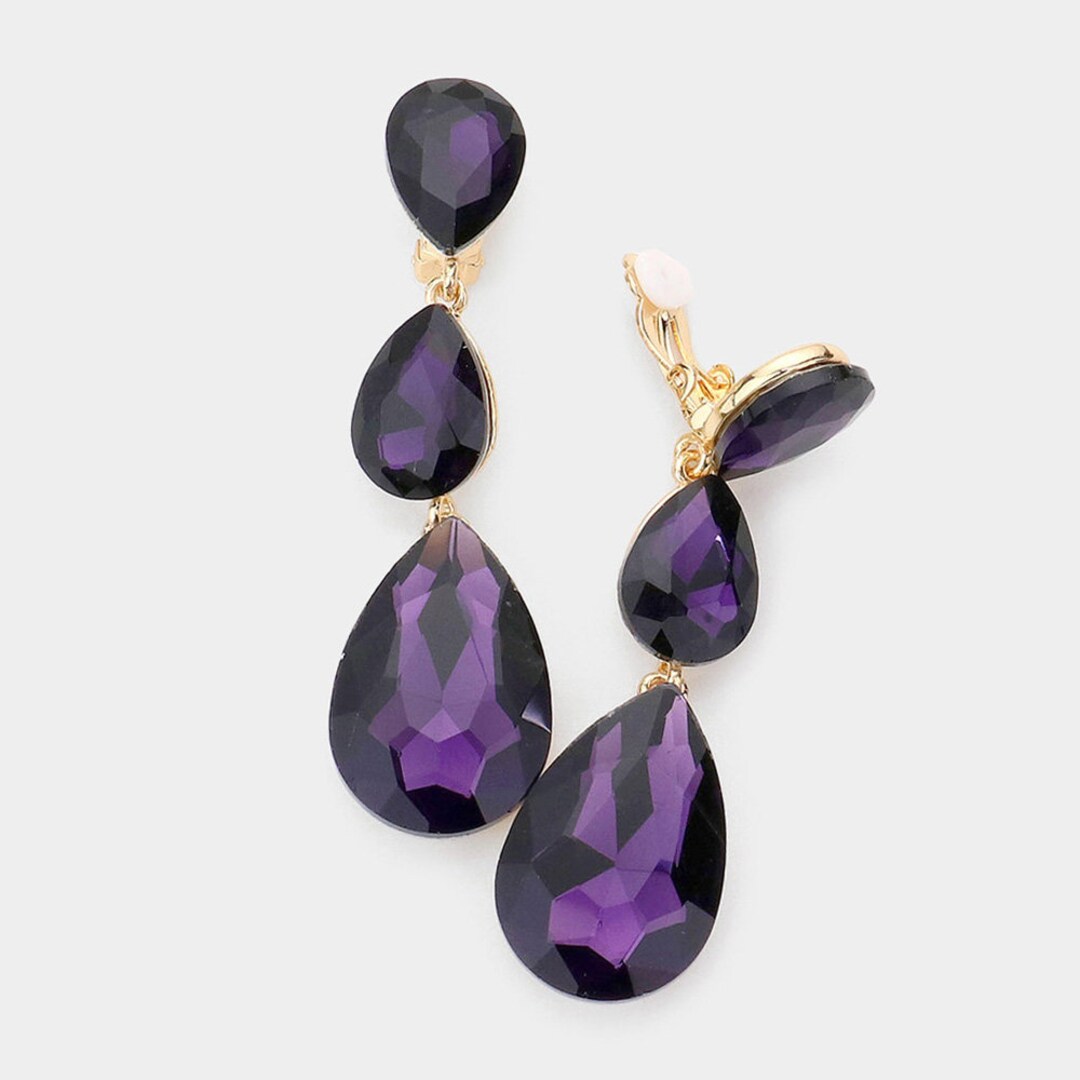 Large Purple Earrings, Dark Purple Clip on Rhinestone