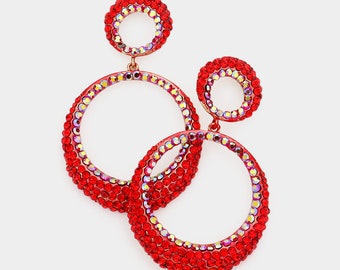 Red Hoop Earrings, red statement hoop earrings, red rhinestone hoop earrings, red holiday hoop earrings
