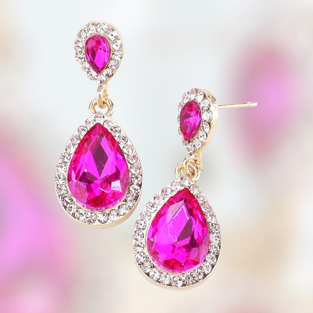 Hot Pink Earrings/ Fuchsia Rhinestone Earrings/ Pink Prom Earrings/ Fuchsia Gift Earrings/ Pink Dangle Earrings, Hot Pink teardrop