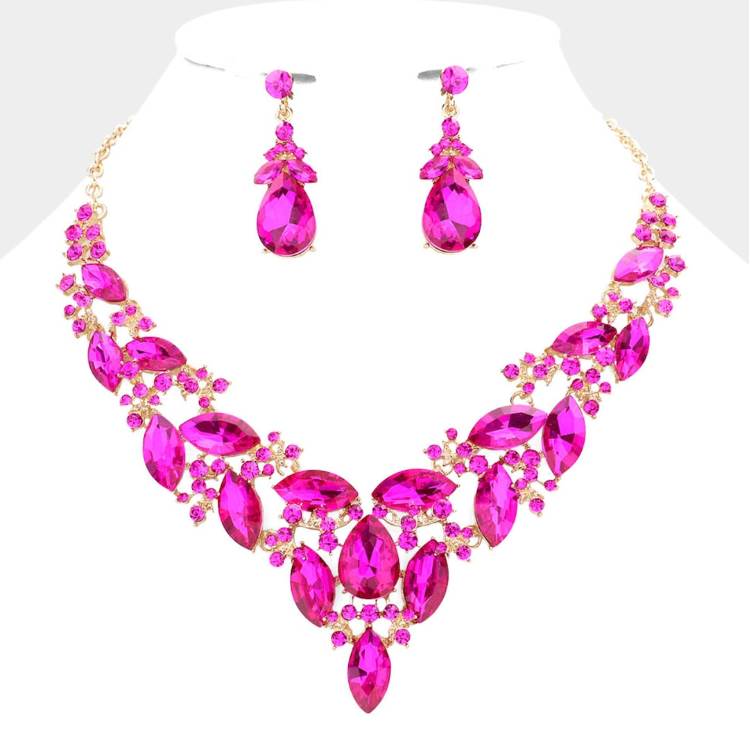 Hot Pink Rhinestone Necklace and Earring Set, Hot Pink Prom Necklace