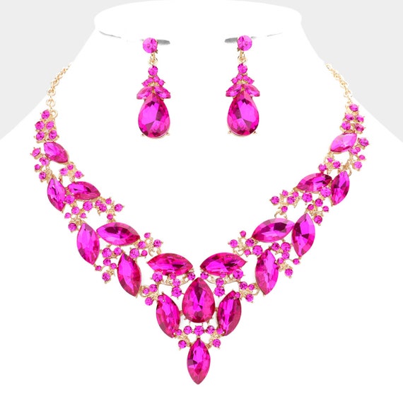 Pink Crystal Heart Pendant Necklace Earrings Set – ArtGalleryZen