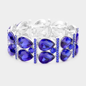 Blaues Kristall Armband, Royal Blau Teardrop Doppelstrang Armband, Blaues Abschlussballarmband, royalblau Teardrop Stretch Armband