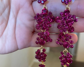 Fuchsia earrings, Hot pink dangle earrings, Fuchsia rhinestone earrings, Fuchsia pageant earrings