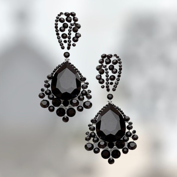 Black earrings, Jet black rhinestone earrings, dressy black formal earrings, black pageant earrings, jet black prom earrings