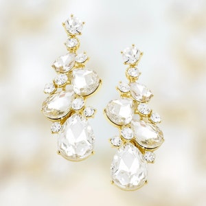 Bridal Earrings/ Clear and Gold Pageant Earrings/ Clear and Gold Earrings/ Clear Dangle Earrings