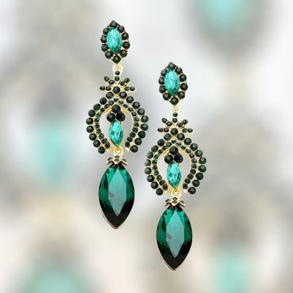 Green Earrings Emerald Green Pageant Earrings Green and Gold
