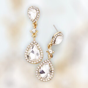 Rhinestone Earrings, clear and gold bridal earrings, pageant dangle earrings, prom dressy earrings