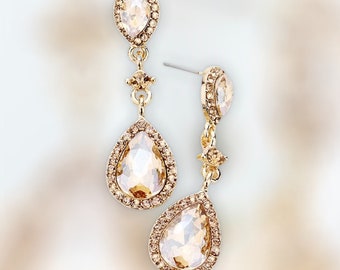 Gold Earrings, Gold Rhinestone Earrings, Light Topaz Pageant Earrings, Gold Formal Evening Earrings, Topaz Dangle Earrings